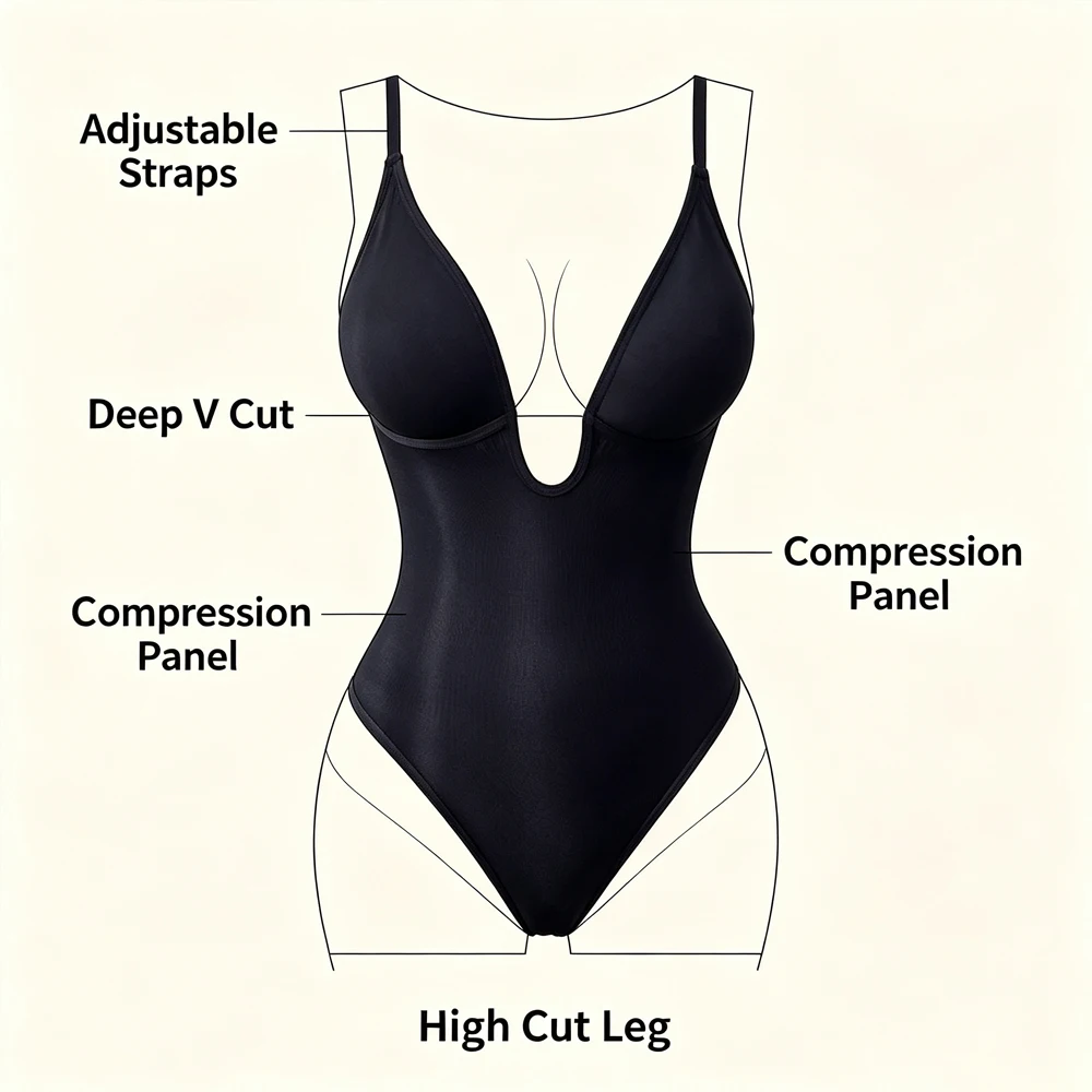 Women Deep V Backless Shapewear Bodysuit Underwire Bra Thong Tummy Control Hip Lifting Bridal Shaper Plunge Neck Smoothing Suit