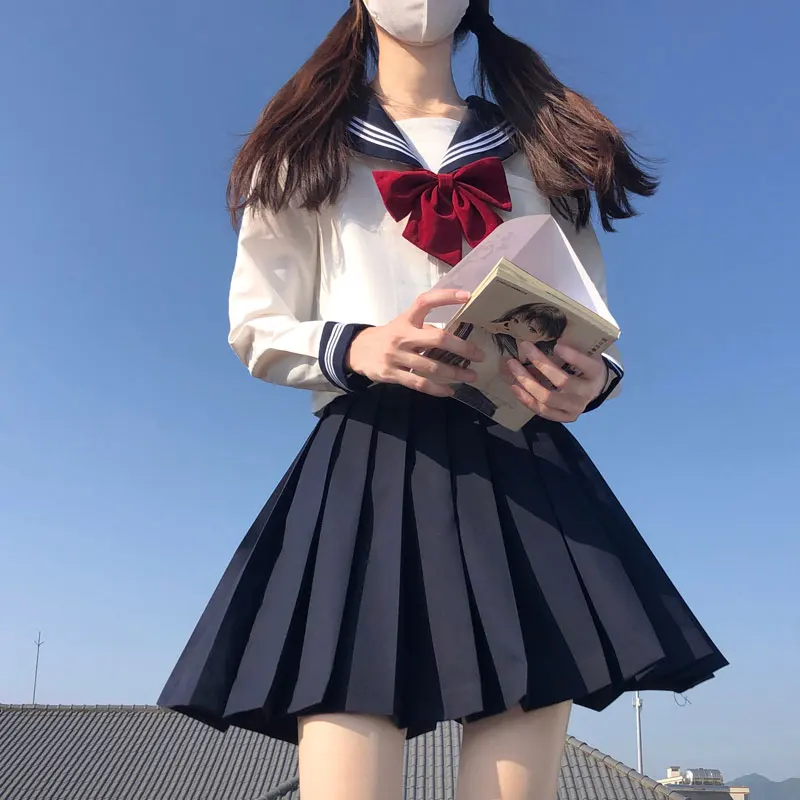 White 3 Striped Basic Sailor Outfit Japanese School Girl Uniform Seifuku Student Girls Cos Costume Women JK Pleated Navy Skirt