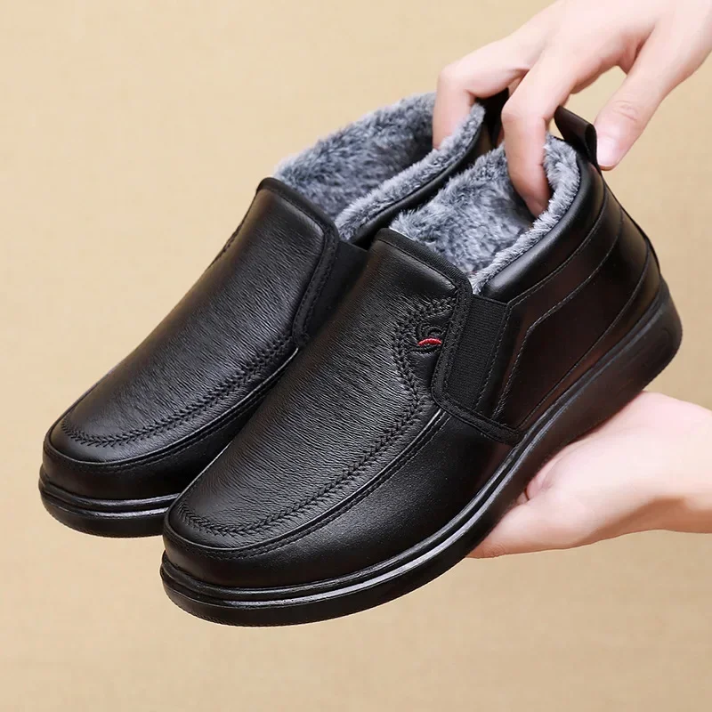 Winter Men Cotton Shoes Waterproof Anti Slip Plush Warm Casual Shoes Middle-aged Elderly People Comfort Flat Soled Snow Boots