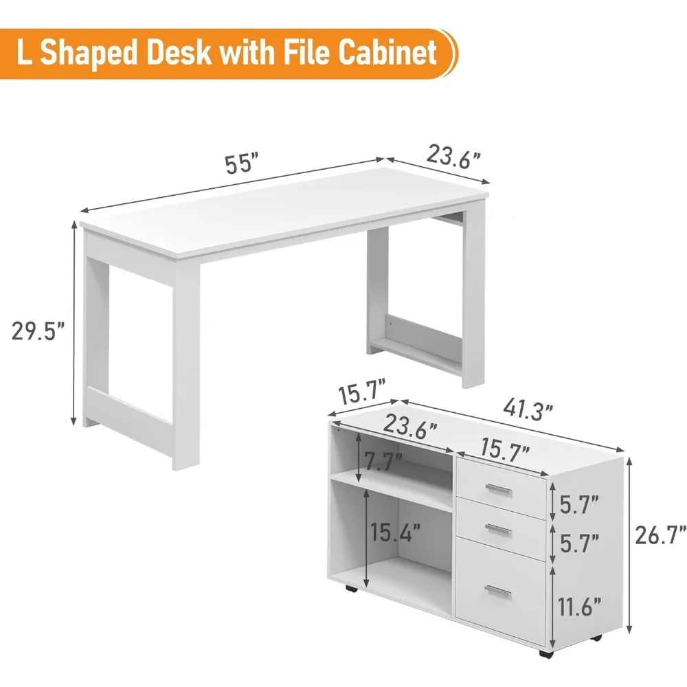 L Shaped Desk with Drawers, Corner Desk with Drawers and  Shelve, Executive Office Desk with Storage File Cabinet