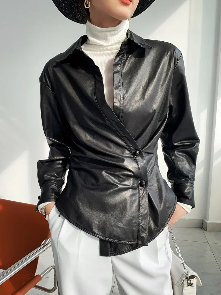 

Casual Black Genuine Leather Shirt Jackets for Women Spring Autumn 2026 High-end Simple Asymmetrical Design Real Sheepskin Coat