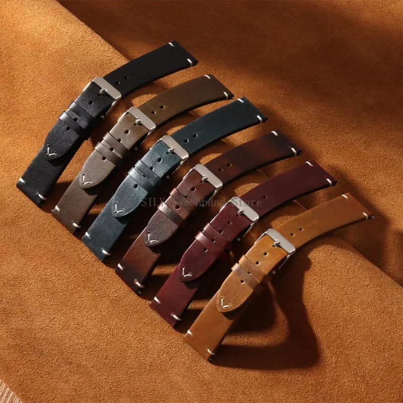 Men Women Business Cowhide Leather WatchBand Vintage Oil Wax Strap Universal Quick Release Wristband Handmade Retro Oil Bracelet image 6