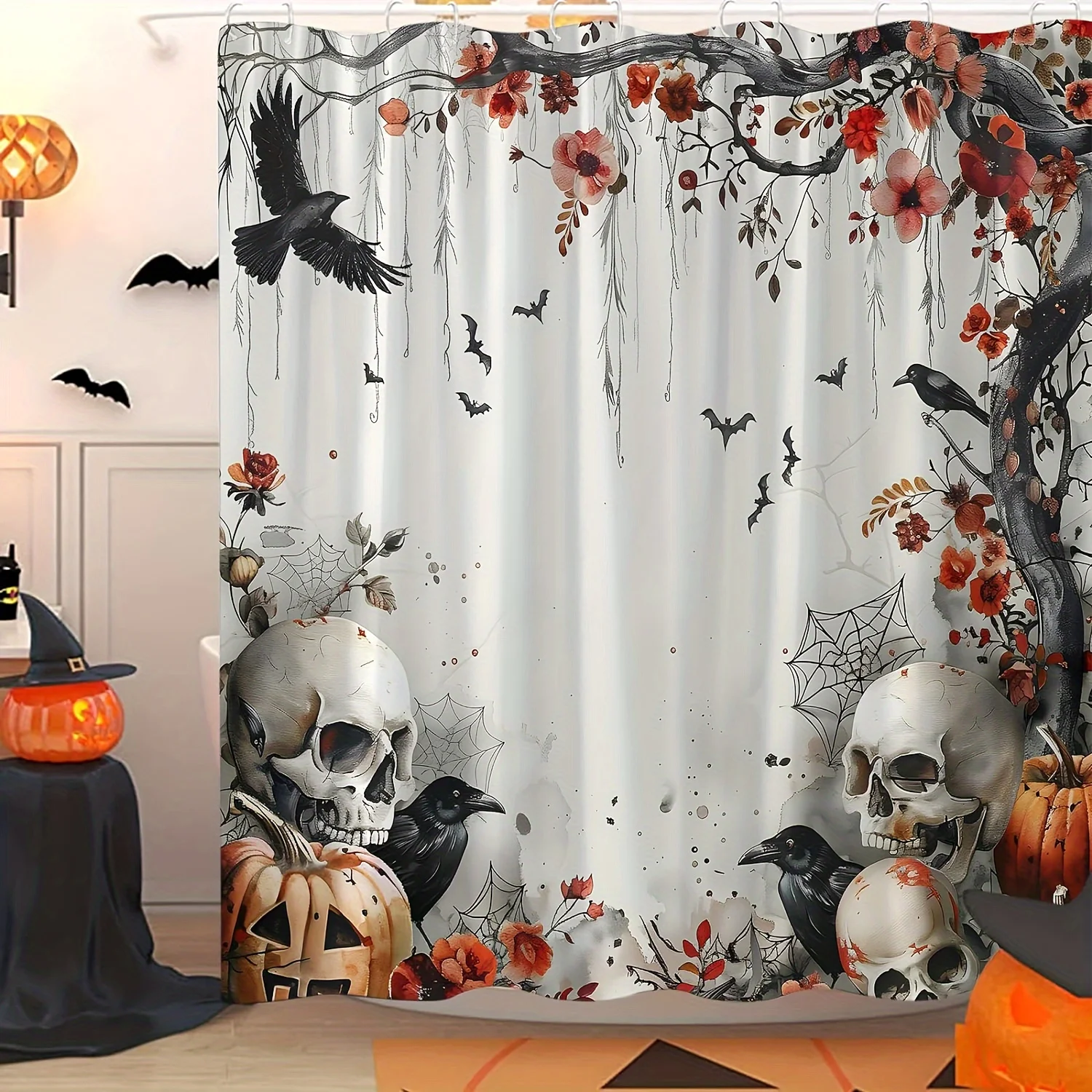Vintage Halloween Shower Curtain Gothic Creepy Skull Skeleton Floral Orange Pumpkin Skull Head