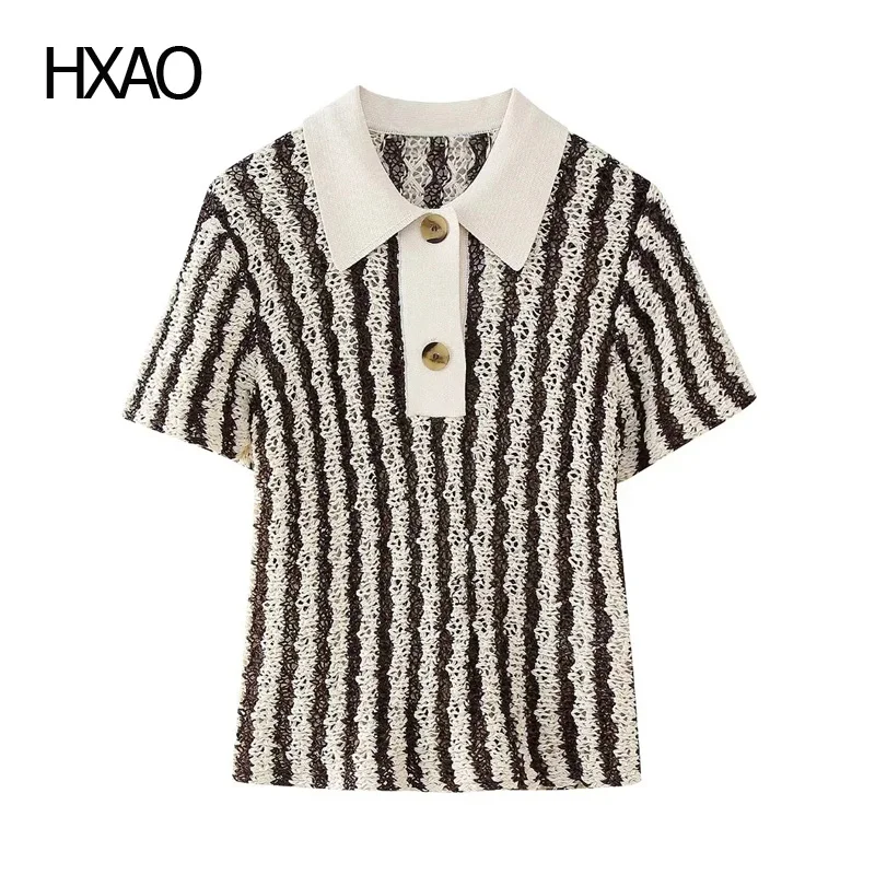 

HXAO Women's Striped POLO Shirt Spring Summer 2024 Fashion Short Sleeve Top With Buttons Simple Casual Mini Top For Females