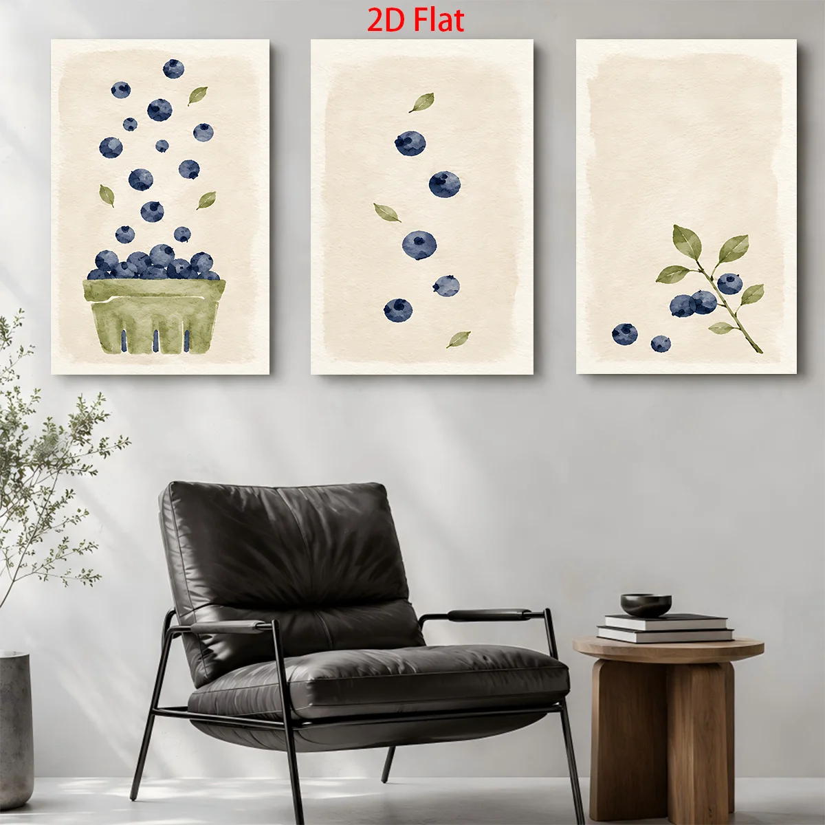 2D Flat 3PCS- Three watercolor paintings of blueberries leaves and a basket Themed Canvas Wall Art, Waterproof Canvas Prints