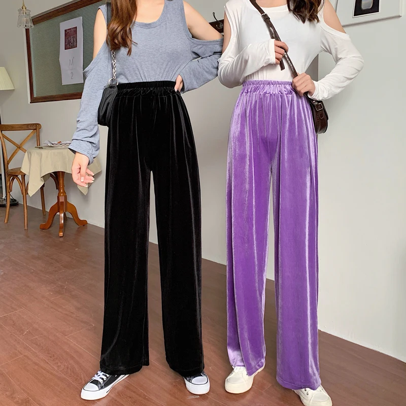 2023 Autumn Straight Velour Women Pants High Waist Casual Wide Legs Pants Black Purple Loose Female Fashion Student Trousers New