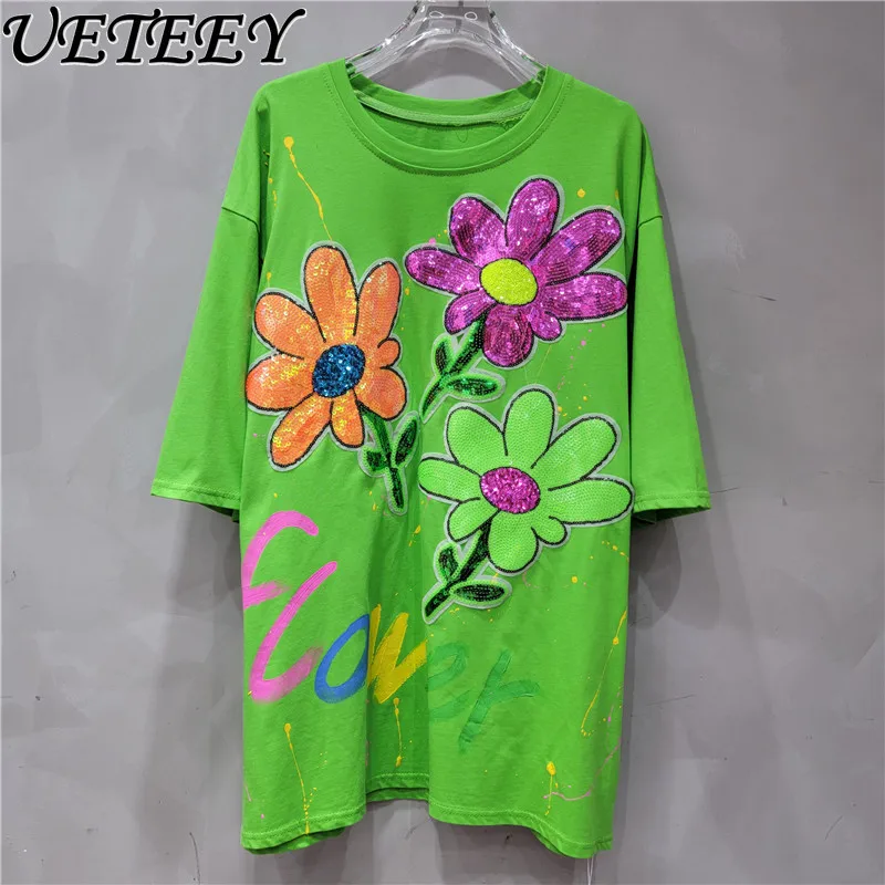 2024 Summer New White Round Neck Heavy Embroidery Sequins Tops Flower Hand Painted Graffiti Loose Short Sleeve T-shirt Female