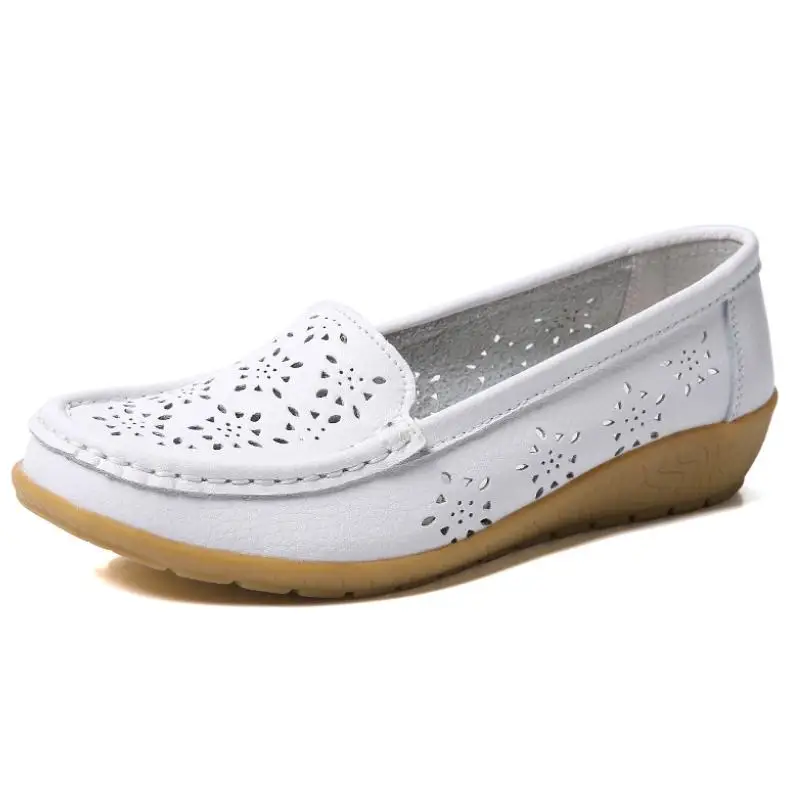 

Summer New Hollow Leather Casual Shoes Woman Loafers Flats Daily Work Mom Shoes Soft Comfortable Round Toe Slip On Shoes Size 44
