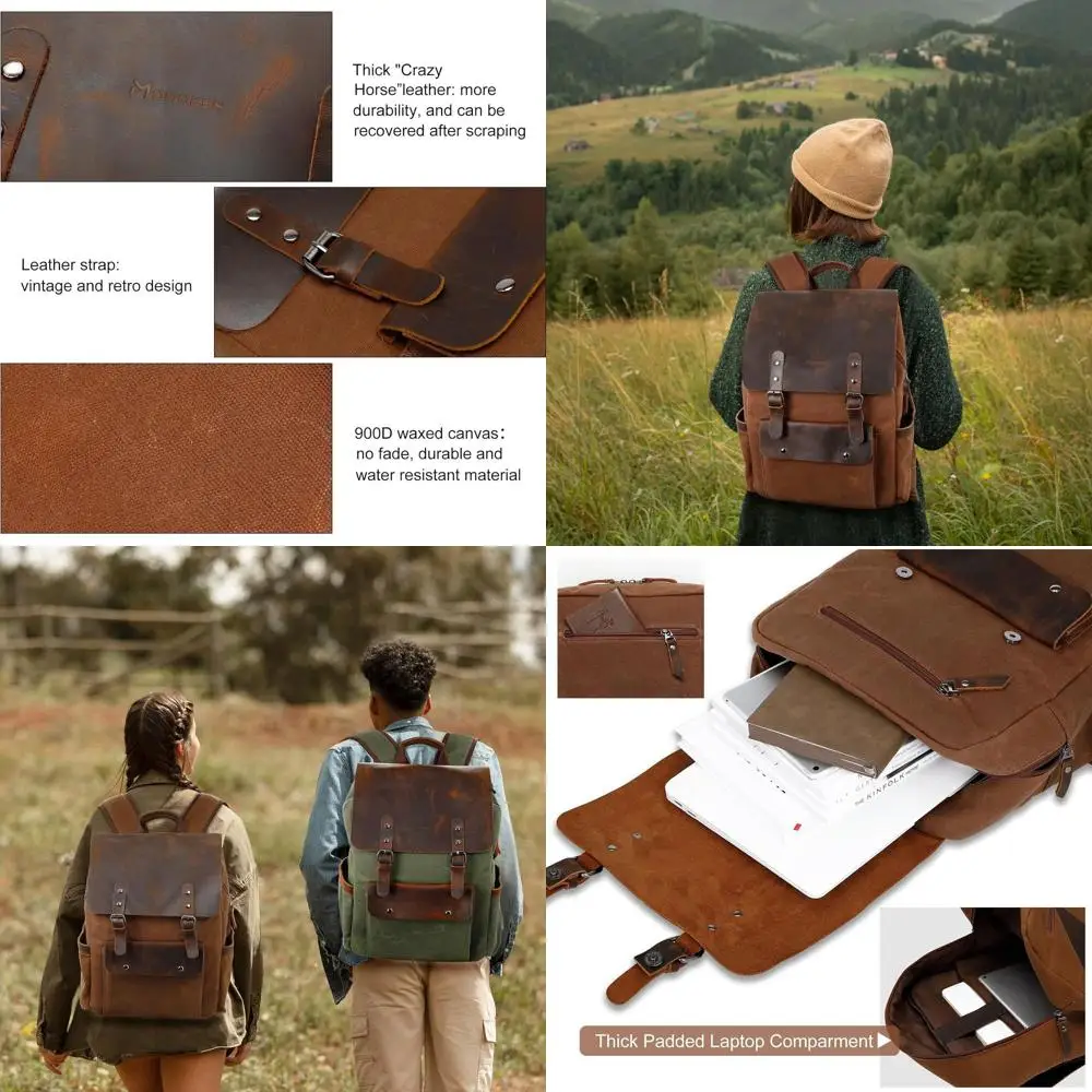 

Vintage Canvas and Leather Laptop Backpack, Unisex Travel Satchel for 15.6 Devices, Brown Casual Book Bag