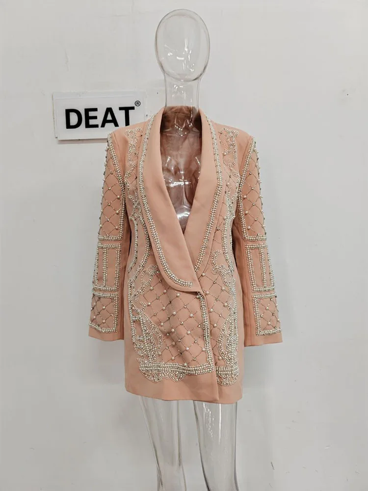 DEAT Fashion Women\'s Blazer Handmade Pearl Beaded Shawl Collar Hidden Breasted Long Sleeve Suit Jackets Spring 2024 New 17A4050H