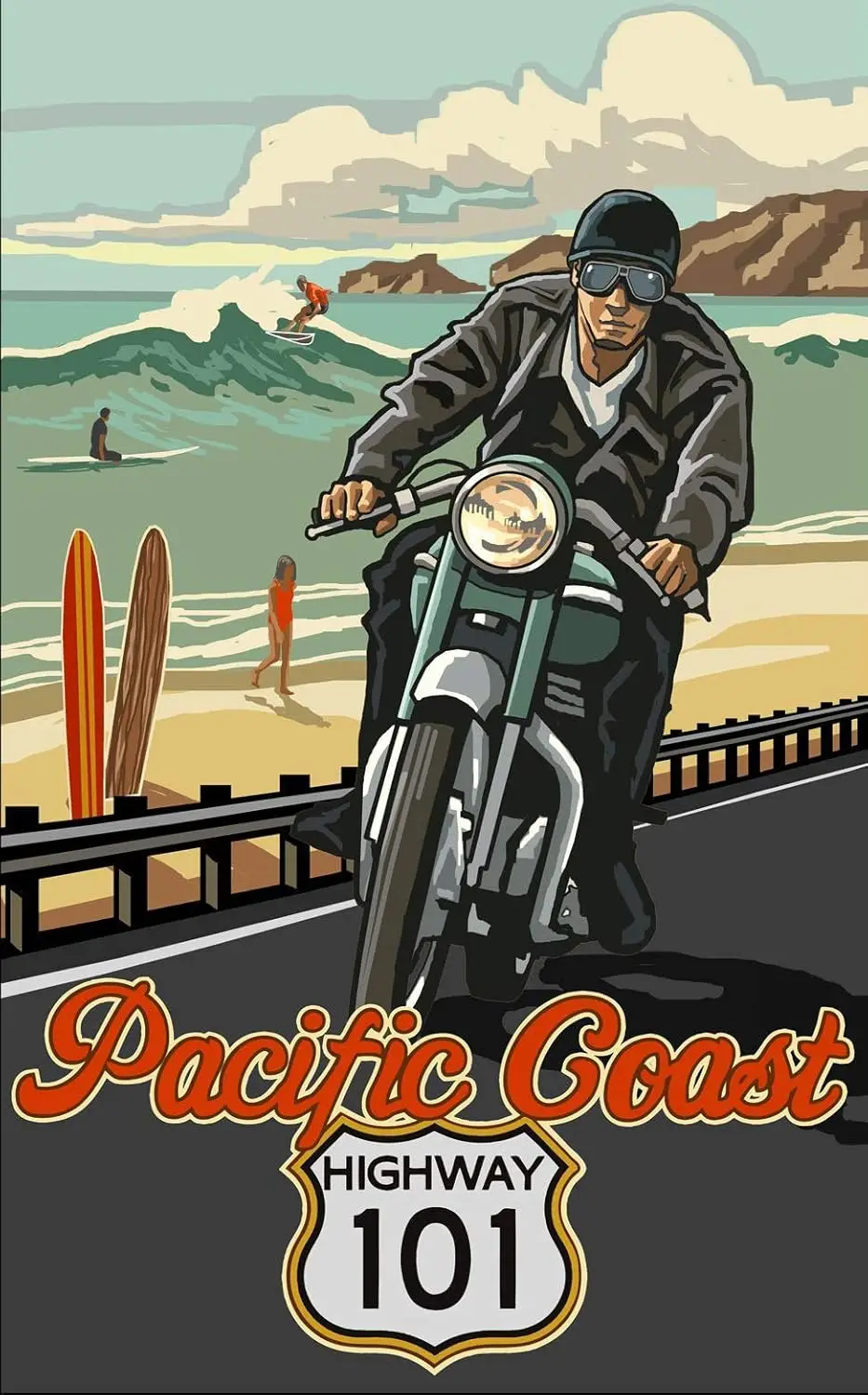 Classic Tin Sign, Pacific Highway 101 Motorcycle Durable Vintage Look Sign Metal Plate for Public Utilities All Kinds of I