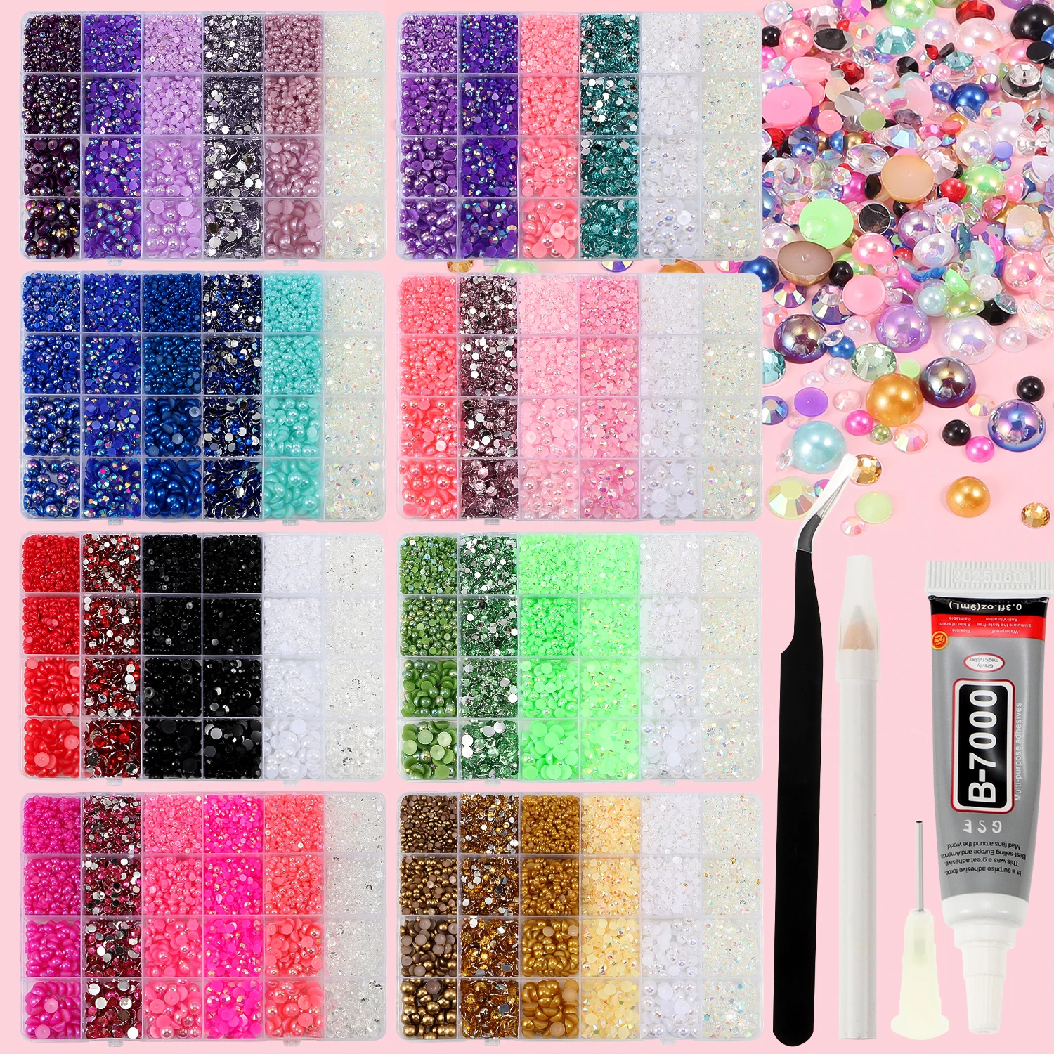 24 Grid/Box 3-8mm Mixed Color Semi-Circular Pearls&Resinstones&Glue Tool Set for DIY Nail Art,Beauty Makeup,Clothing,Jewelry