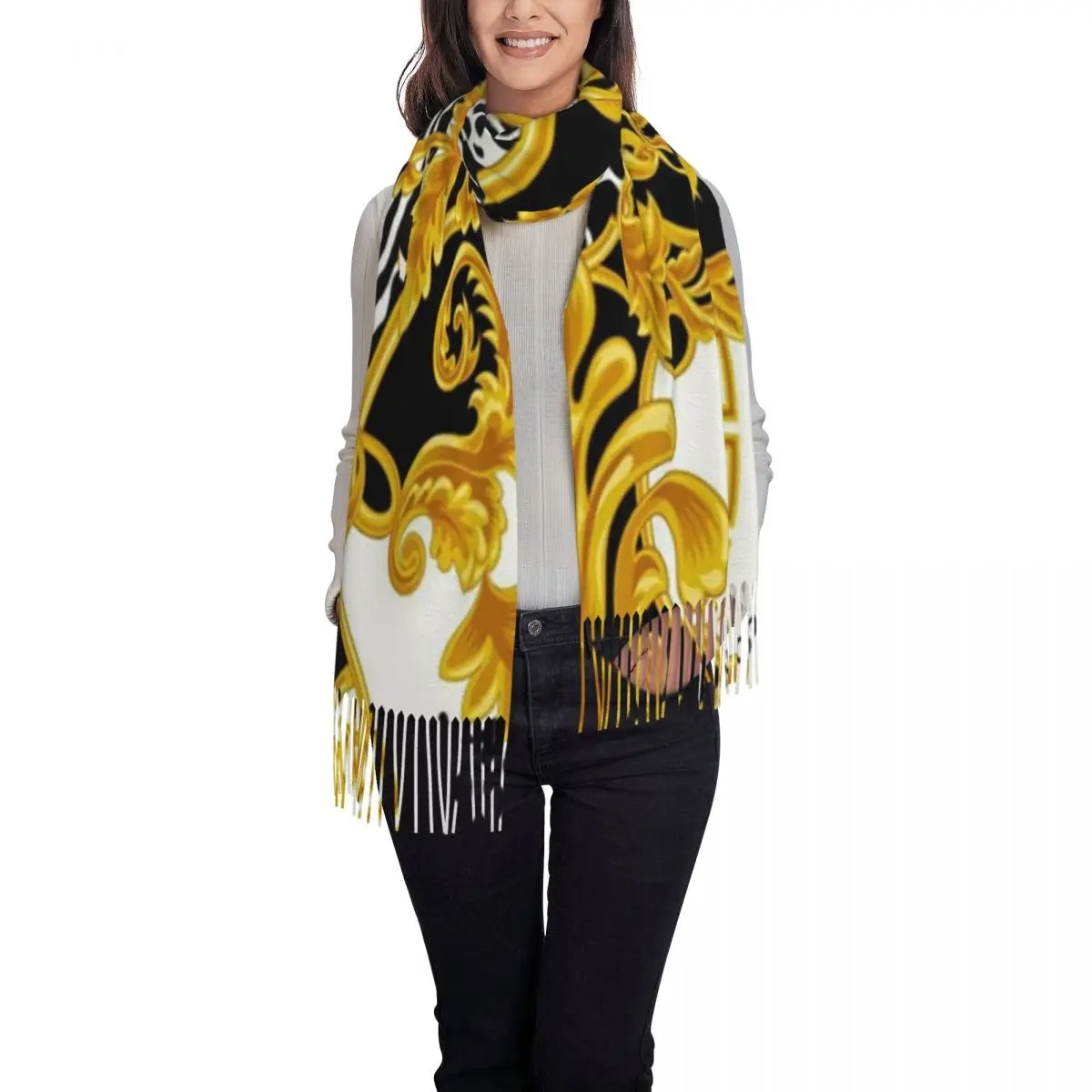 Q-Queen-S из абсолютного всего, золотой шарф в стиле барокко, шарфы с кисточками, женские теплые шали и накидки, большая осенне-зимняя шаль