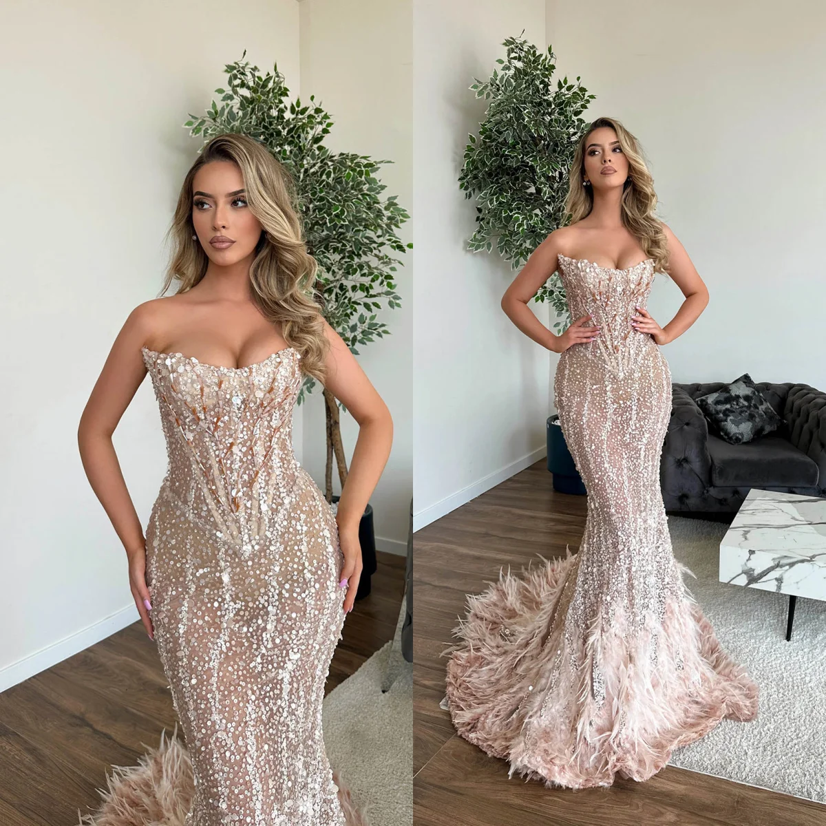 

Glamorous Sequins Mermaid Evening Dresses For Women Strapless Prom Gowns Feather Sweep Train Dinner Party Customized