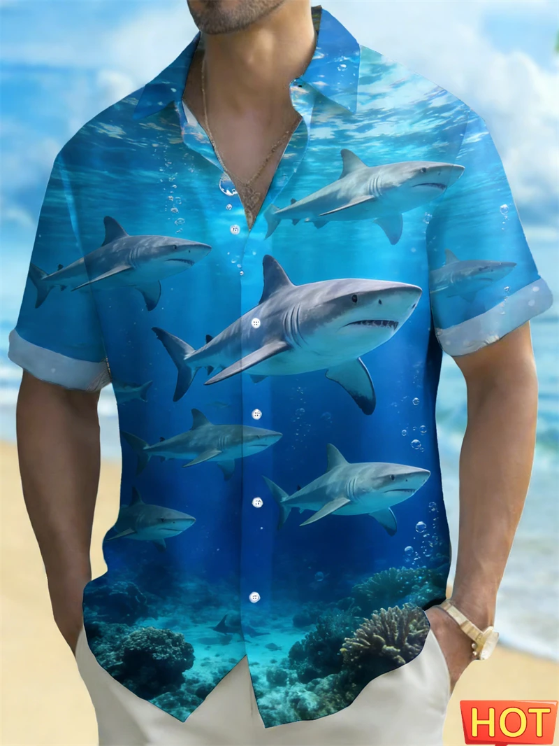 

Мужская гавайская рубашка с принтом акул, морских черепах и медуз, 3D-дизайн, повседневная, с коротким рукавом, на пуговицах, для пляжа