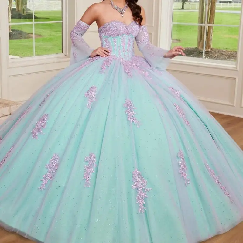 

024 Mint Green Quinceanera Dress Ball Gown Pink Lace Applique Beading Puffy Sleeve Sweet 16 Vestido De 15 Anos