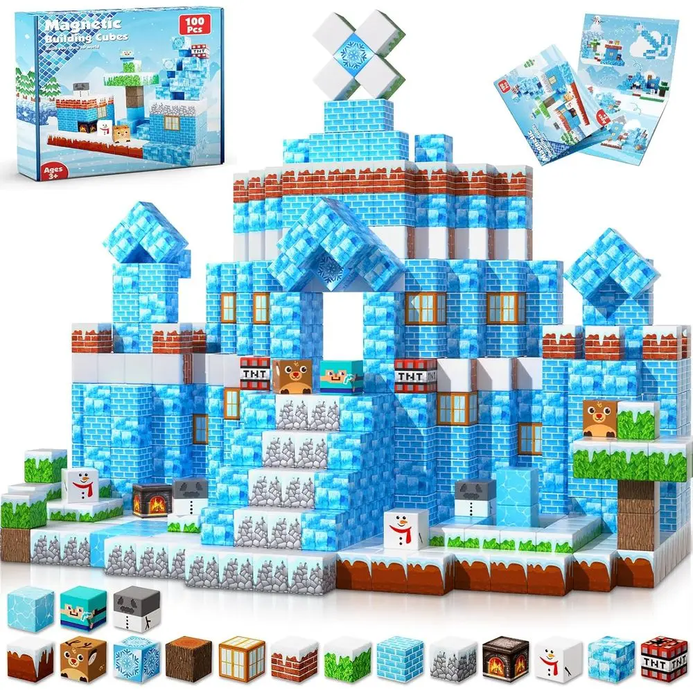 자석 블록 - 얼음 성을 만들기 위한 100개 조각, 몬테소리 영감을 받은 어린이용 STEM 장난감, 3-10세 이상에게 이상적