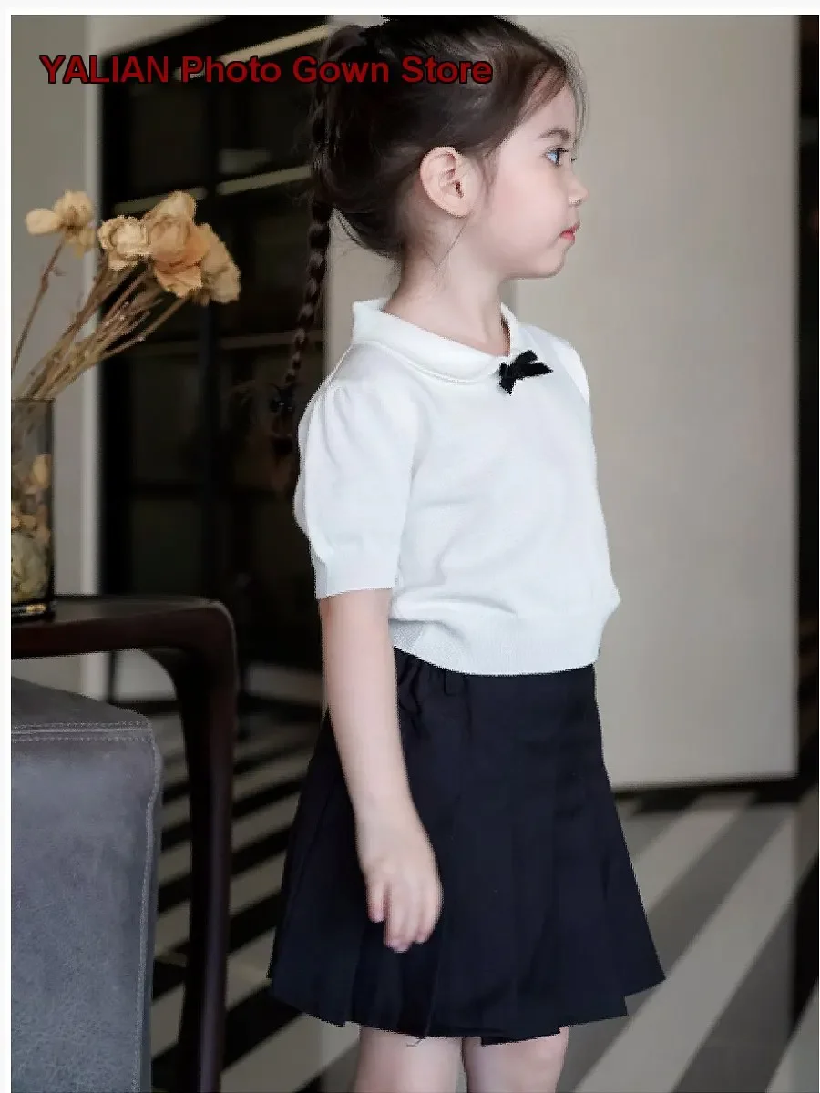 Girls Short Sleeves T-Shirt Infant Summer Ice Silk Breathable Round Neck Solid Color Bowknot Design