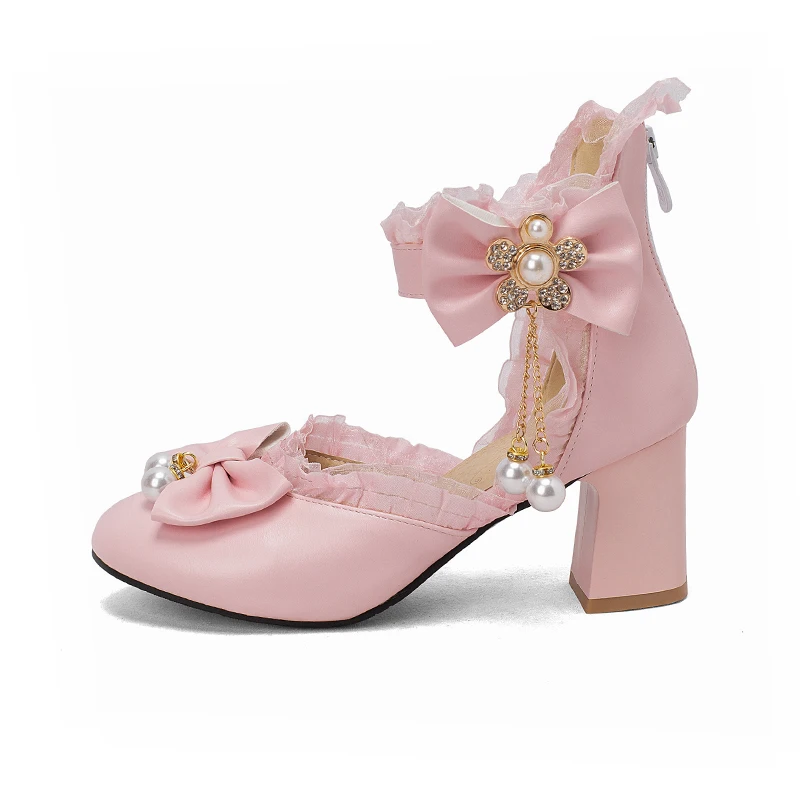 Primavera pizzo caviglia avvolgere donne tacchi alti Mary Jane pompe festa di nozze Cosplay bianco rosa perla fiocco principessa Lolita scarpe