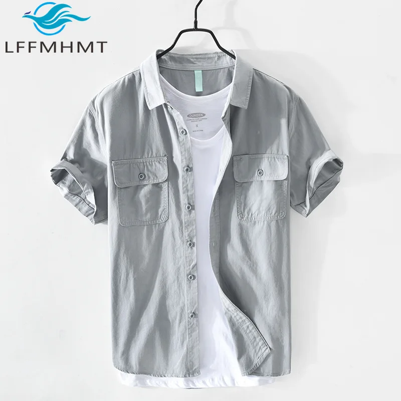 

Z151 Spring Summer New Fashion Men's Casual Shirt Good Quality 100% Cotton Solid Color Simple Basic Short-sleeved Lapel Jacket