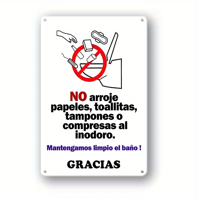 2D Flat,Bilingual Spanish/English Do Not Litter & Toilet Paper Rules Sign-Retro Bilingual Bathroom Poster with Pre-Drilled Holes