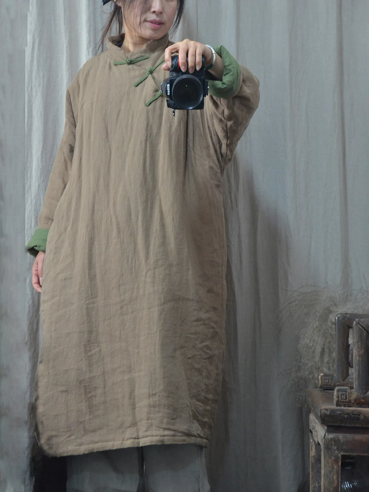 Donna Autunno Inverno Qualità Ramie Sottile Trapuntato Morbido Cappotto Imbottito Pullover Retro Casual Allentato Medio Lungo Stile Qipao Veste Outwear