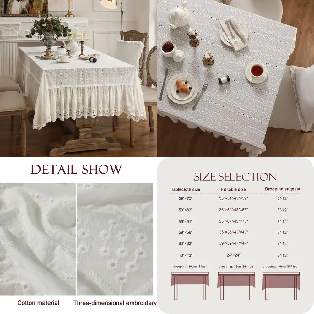 

Elegant Rustic Embroidered Cotton Ruffle Tablecloth, Vintage White Lace for Rectangle Tables, Perfect for Weddings, Parties, and