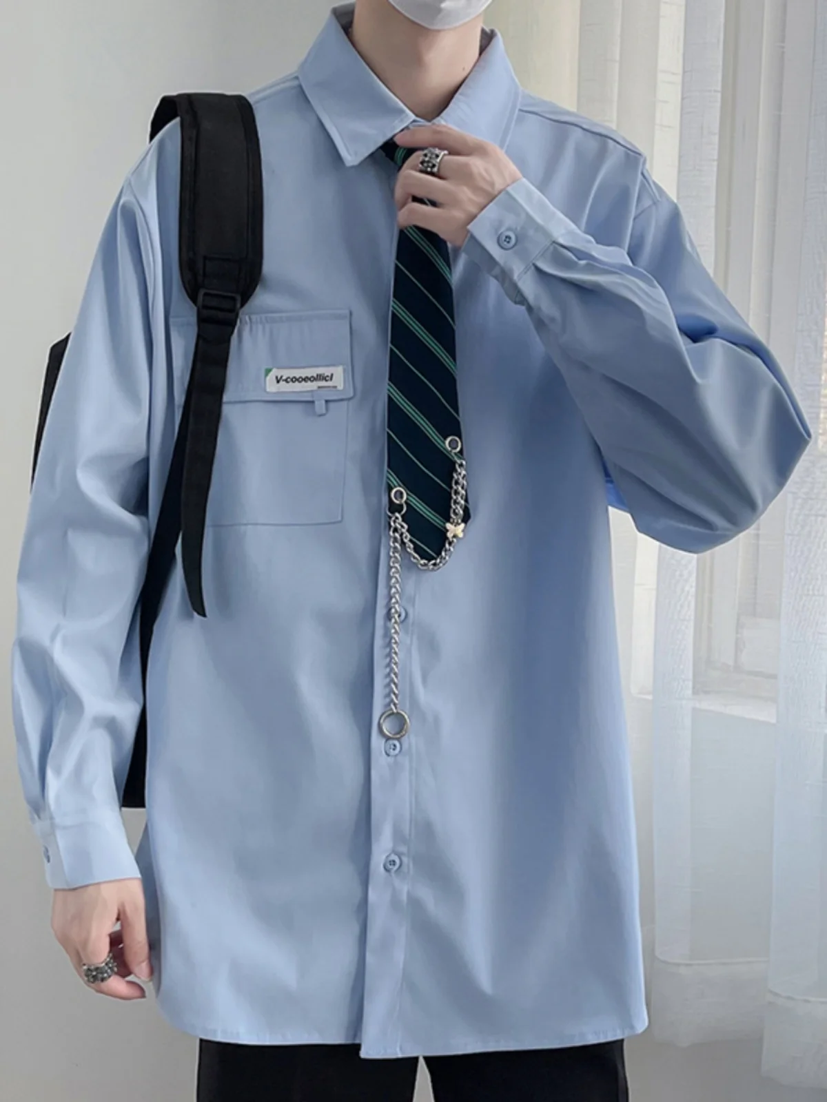 

Fashionable Long Sleeve Men's Shirt with Tie Loose Casual Versatile Student Trendy College Style Handsome Outerwear