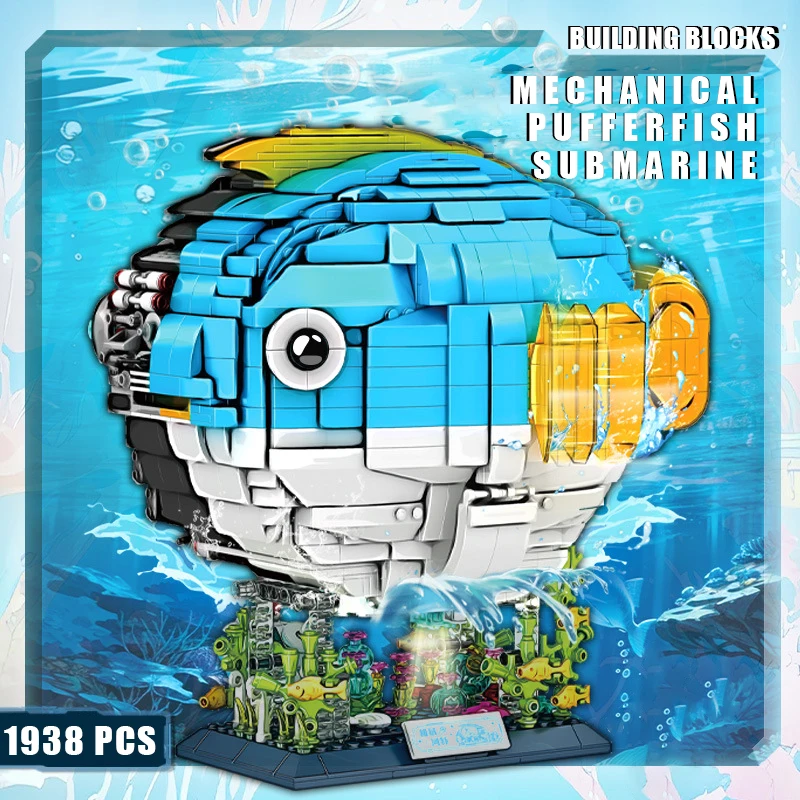 MOC Mechanical Pufferfish Building Blocks Set Creative Sea Fish Submarine with Display Stand Technical Bricks Toys for kids Gift