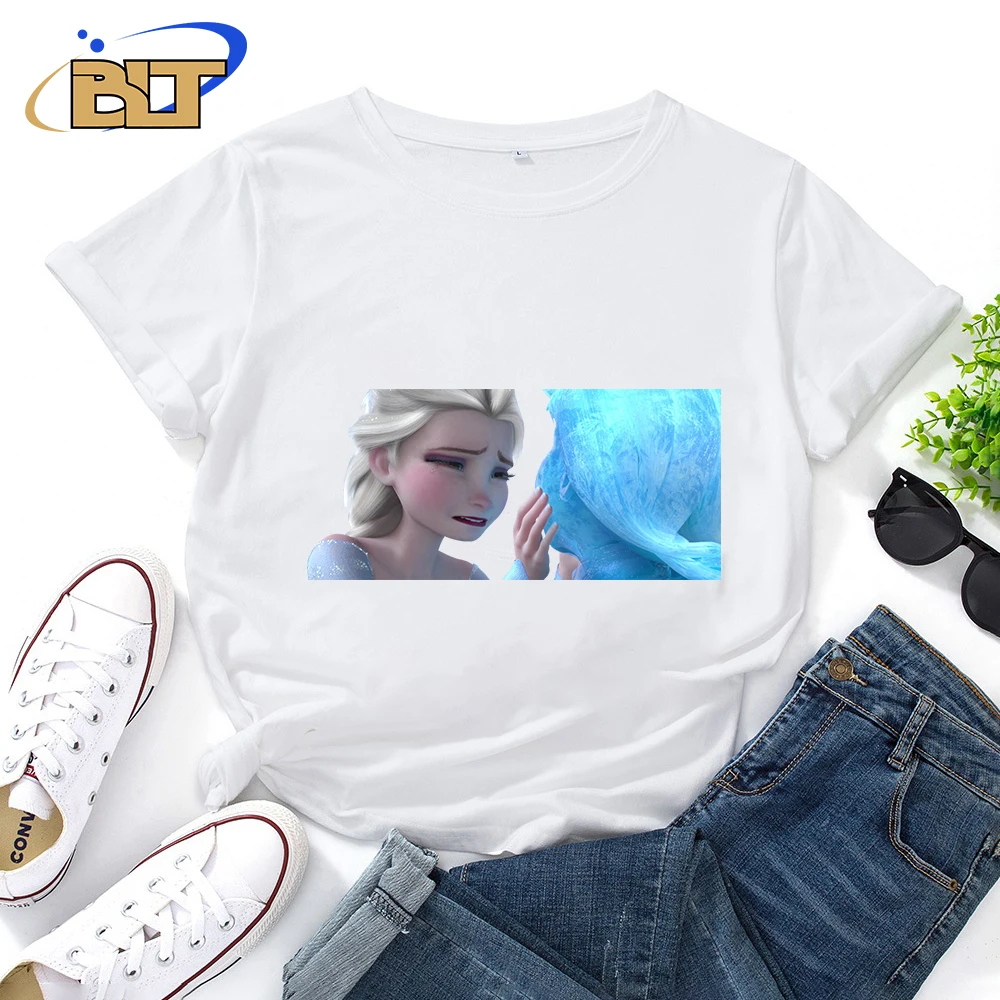 Frozen Print Women's T-shirt Casual Top White Cotton Short Sleeve