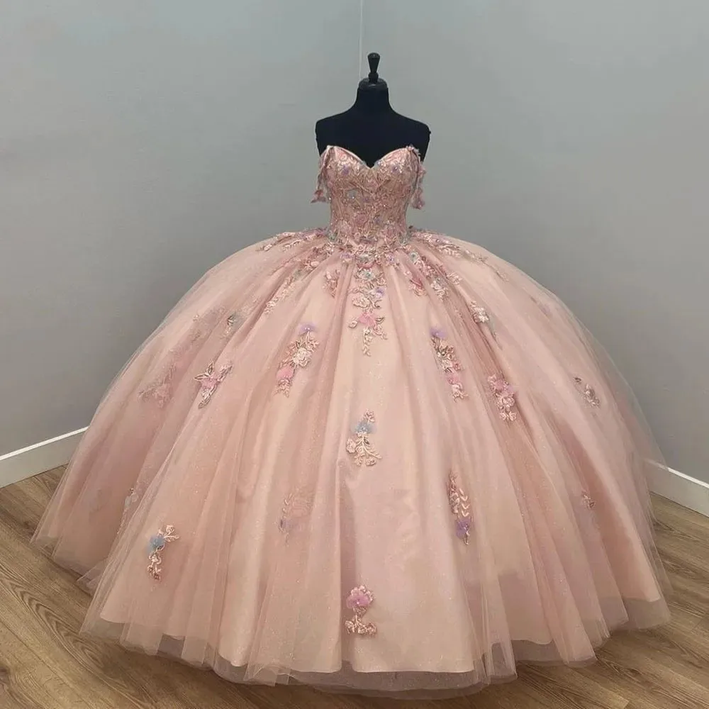 ANGELSBRIDEP Pink Off-Shoulder Quinceanera Dresses Vestidos De 15 Anos Charming 3D Applique Court Train Birthday Party Gowns