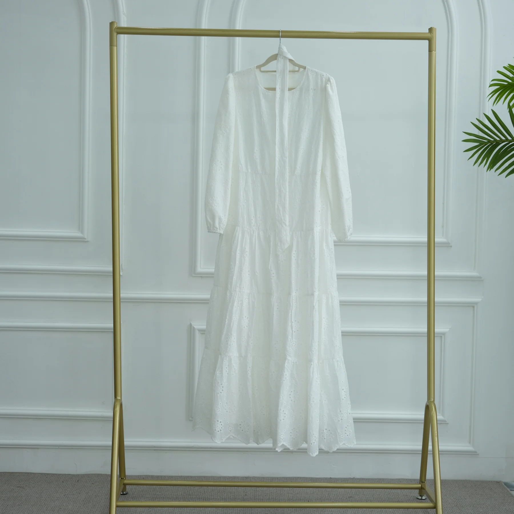 FW25 MIZON novo vestido feminino de algodão branco estilo fada de manga comprida com bordado requintado e floral recortado e cinto