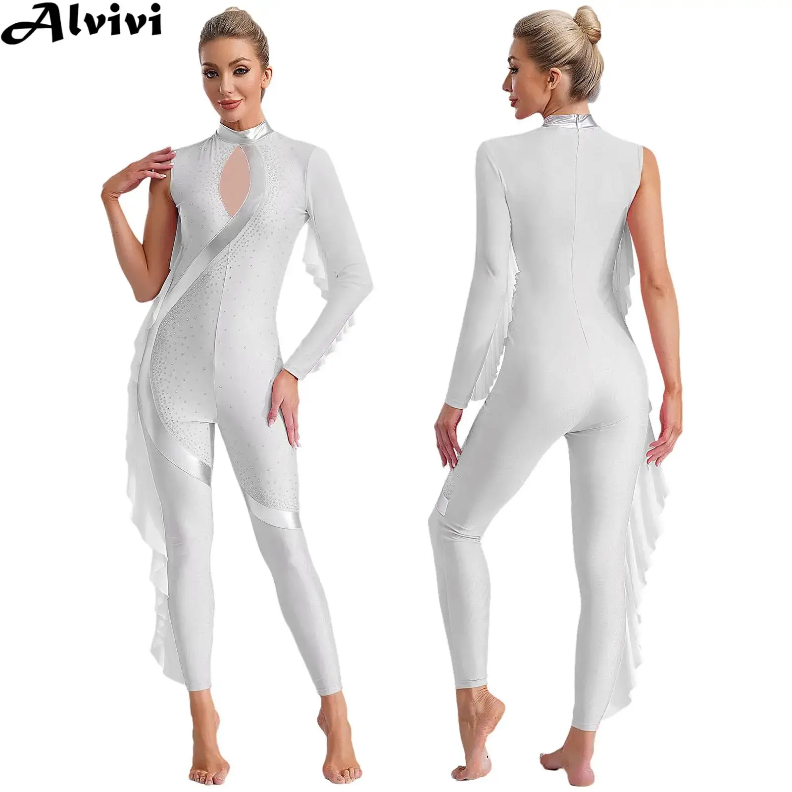 Frauen Eiskunstlauf Overall Eine Schulter Glänzende Strass Mesh Trikot Dancewear für Ballett Tanz Gymnastik Akrobatik Yoga