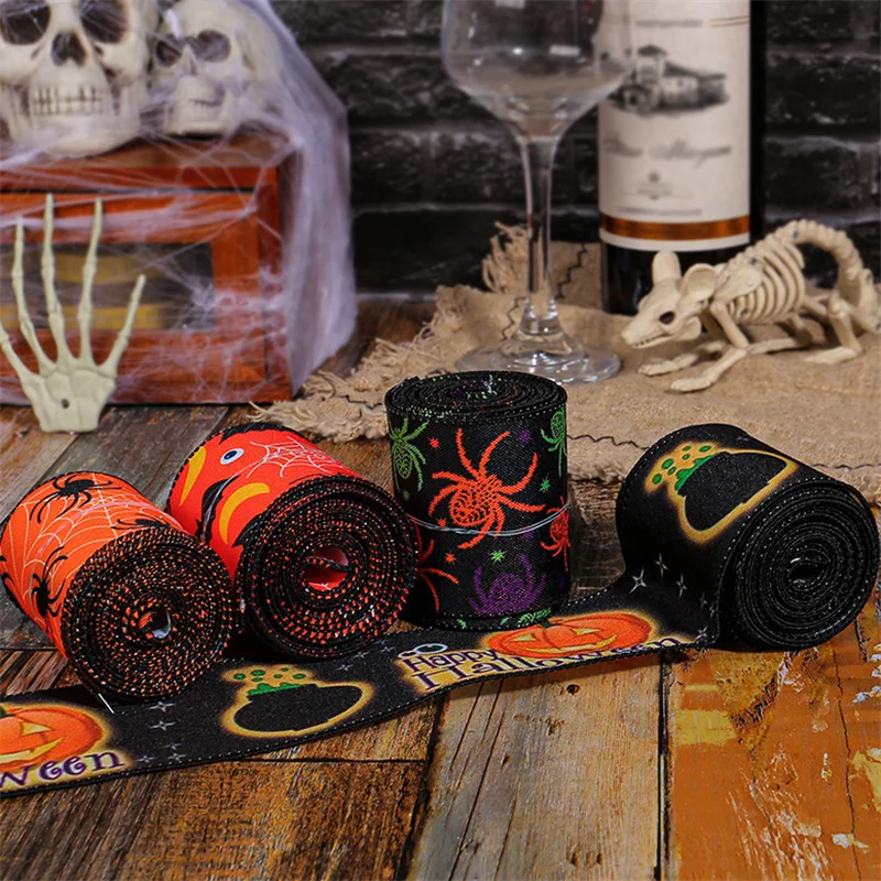 5 Yards Halloween Wired Edge Ribbons Spider Web Printed Ribbon Bat Pumpkin Ribbons For Halloween Home Craft Decor