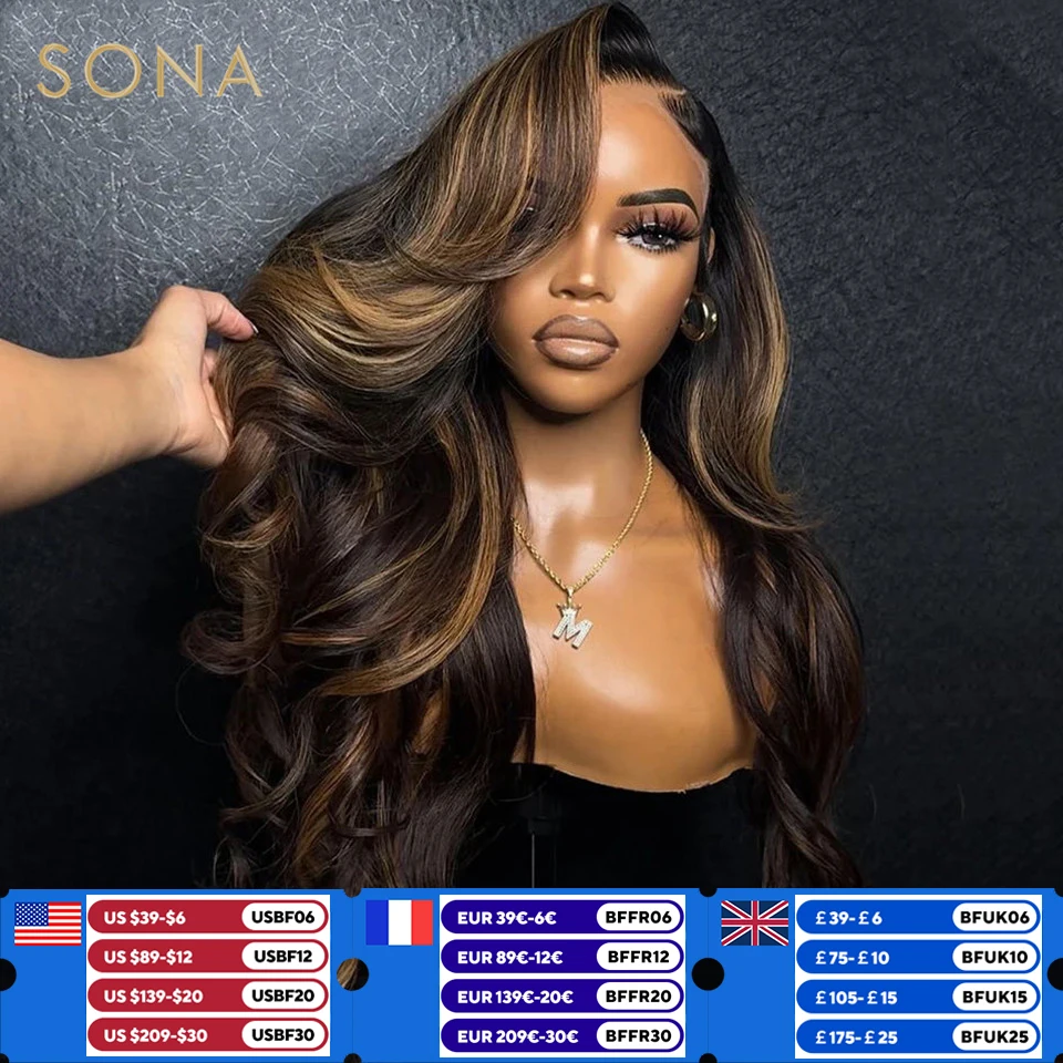 13x6 HD Transparent Lace Frontal Body Wave Human Hair Wigs Brown Stripe Highlights 4x4 Closure Lace Wig Pre Plucked For Women