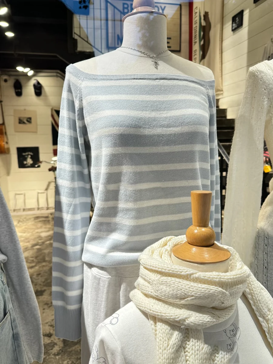 

Light Blue Striped Strapless Sweater T-shirt Women Off Shoulder Long Sleeve Jumper Autumn Preppy Style Sweet Casual Knitted Tops