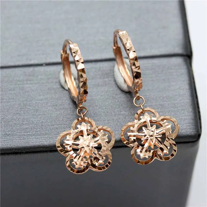 585 Purple Gold Plated 14K Rose Gold Openwork Double Sided Flower Snowflake Earrings for Women Fashion ear buckle Charm Jewelry