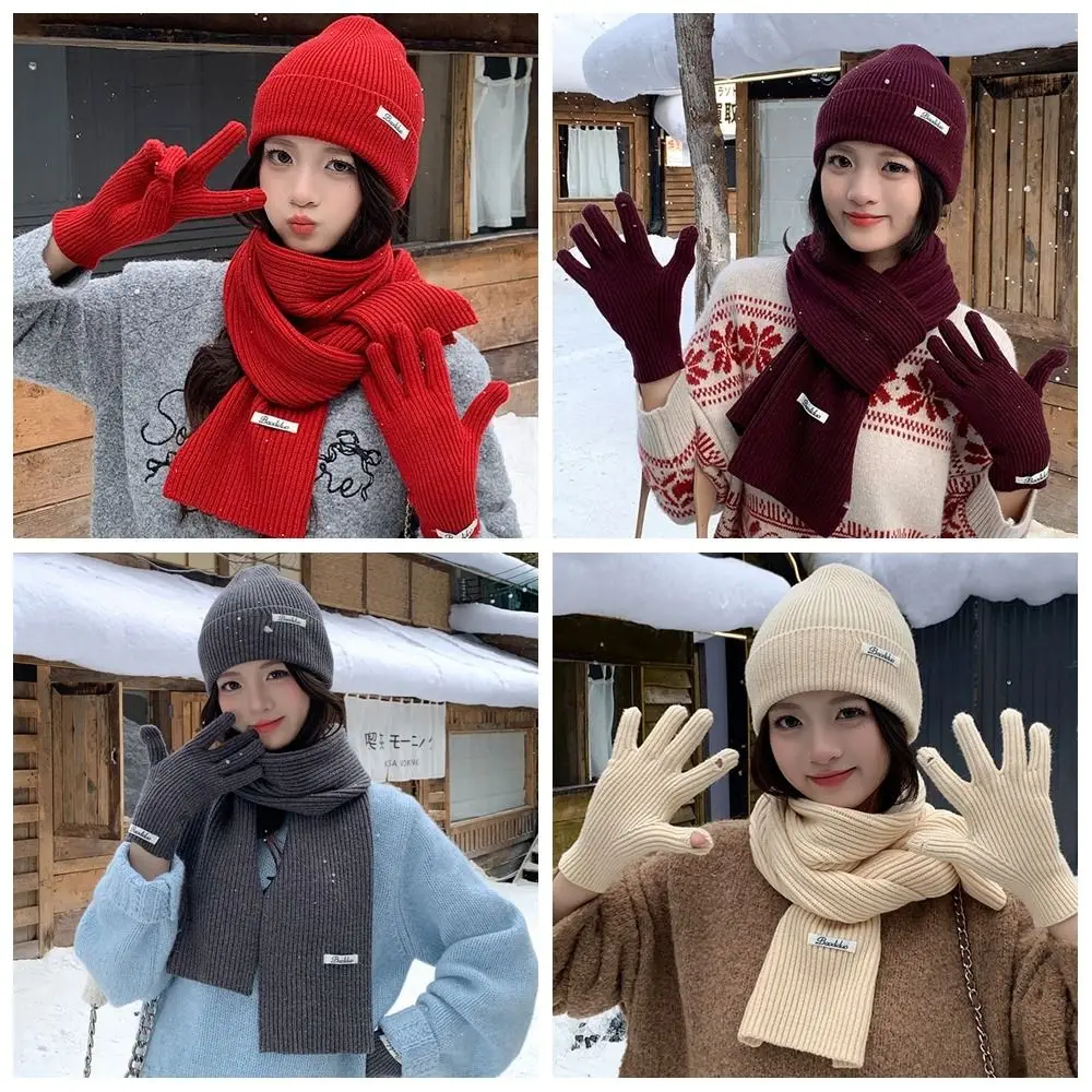 

Neck Warmer Solid Color Hat Scarf Gloves Set Warm Wool Thermal Knit Cap Thickened Fashion Winter Beanie Hat Cold Weather
