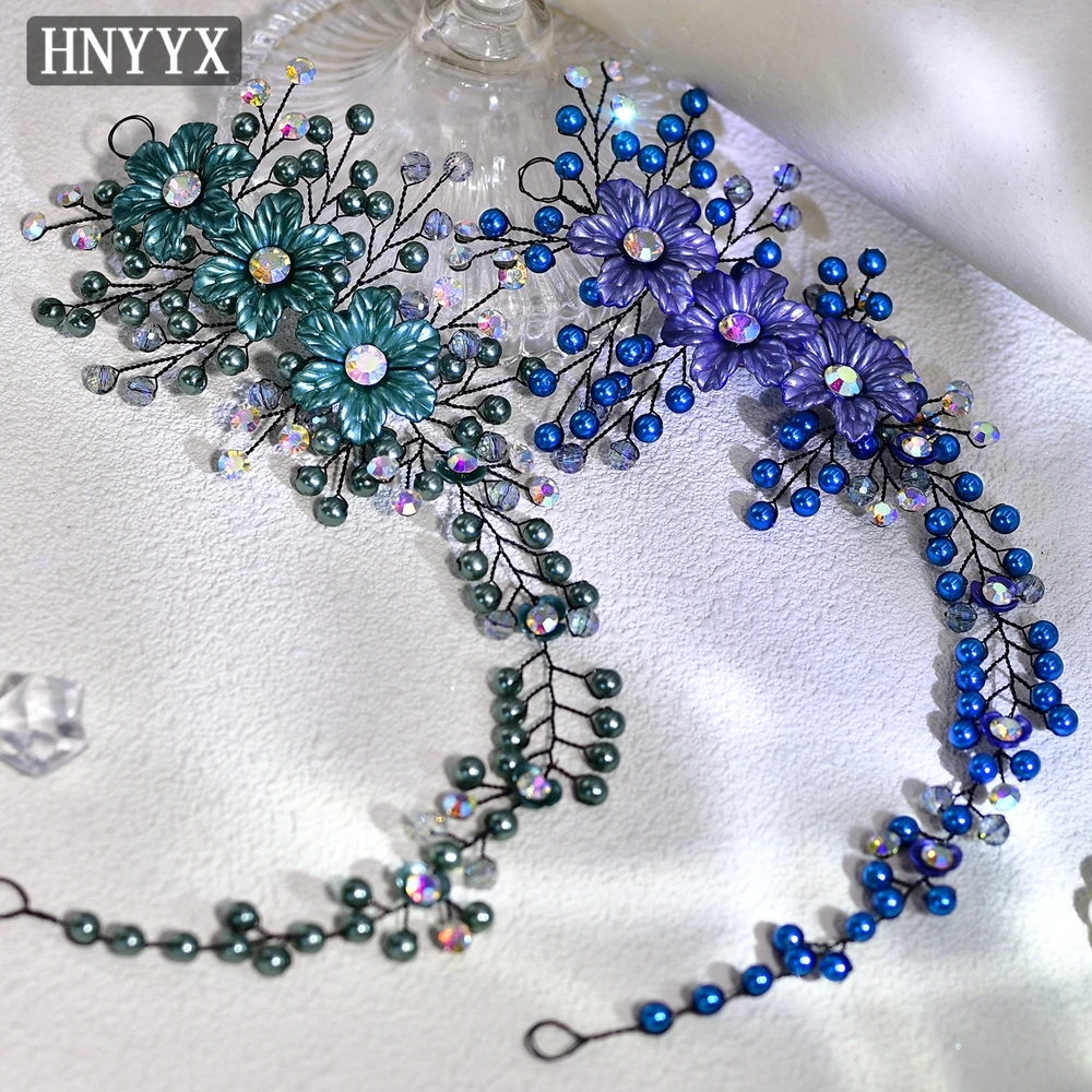 HNYYX Luxury Wedding Bridal Belt Sparkling Crystal Flower Belts for Elegant Women Dress Prom Blue Pearl Sash SA224