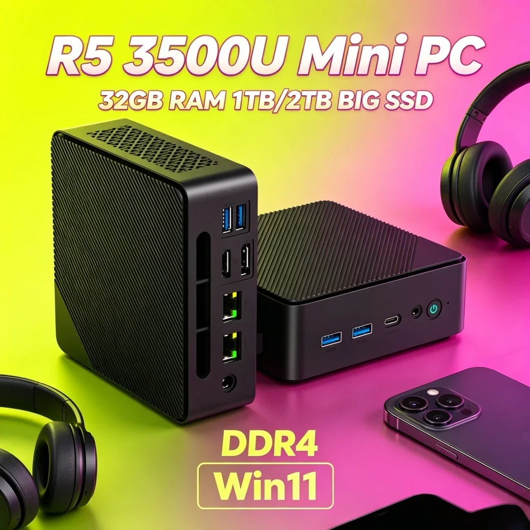 In Stock Large Storage Portable Mini Desktop Hot AMD Ryzen 5 3500U 32GB DDR4 2TB M.2 SSD 4K HDMI DP Win11 Home Office PC