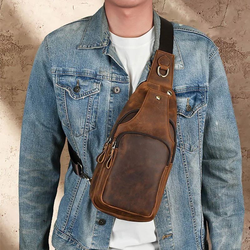Multiple Zippers Metal Hardware Details Chest Bags for Men Vintage Brown Genuine Leather Sling Bag Retro Style Phone Pouch