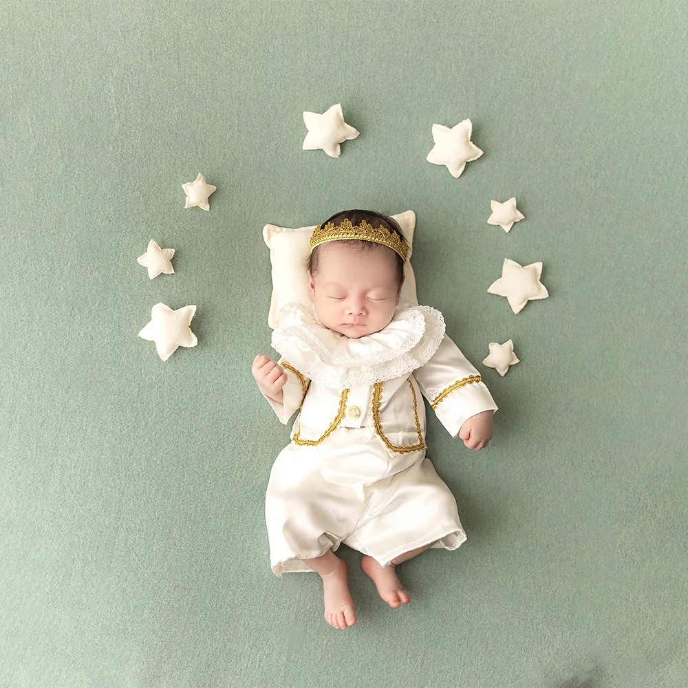 

Newborn Boy Photography Outfit Noble Prince Costume Headgear Set Crystal Crown Photoshoot Accessories Studio Infant Photo Props