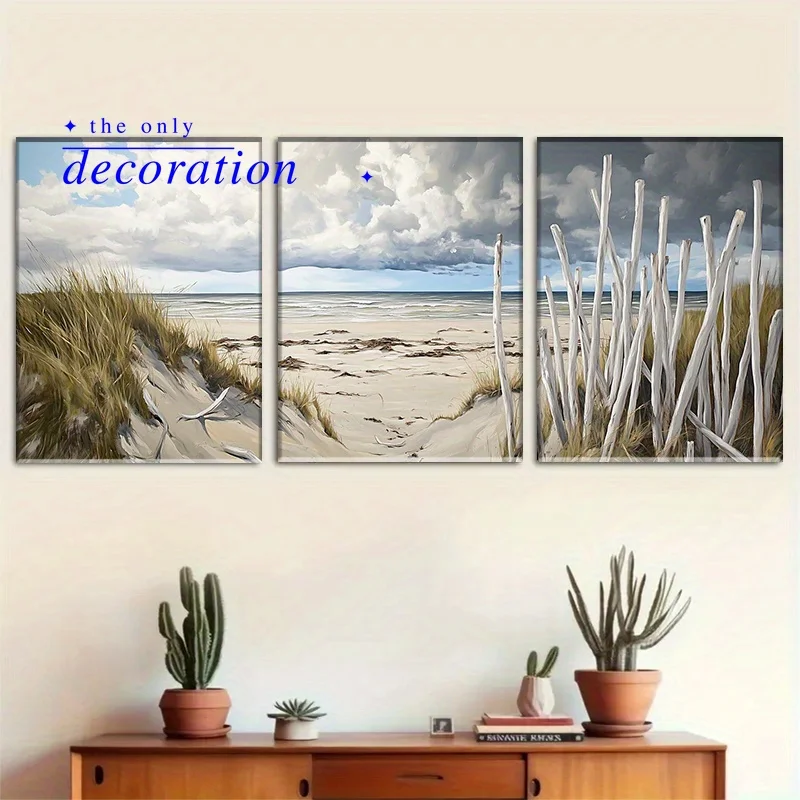 3pcs Contemporary Tri - Fold Wall Decor: Serene and Dramatic Beach Scene with Natural Elements, a Must-have for Home Decorati