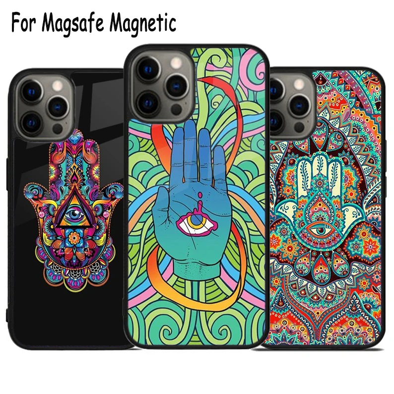 Hamsa Hand Amulet Psychedelic Wireless Charge Magsafe Phone Case For iPhone 15 16 14 13 11 12 Pro Max Plus Magnetic Bumper Cover