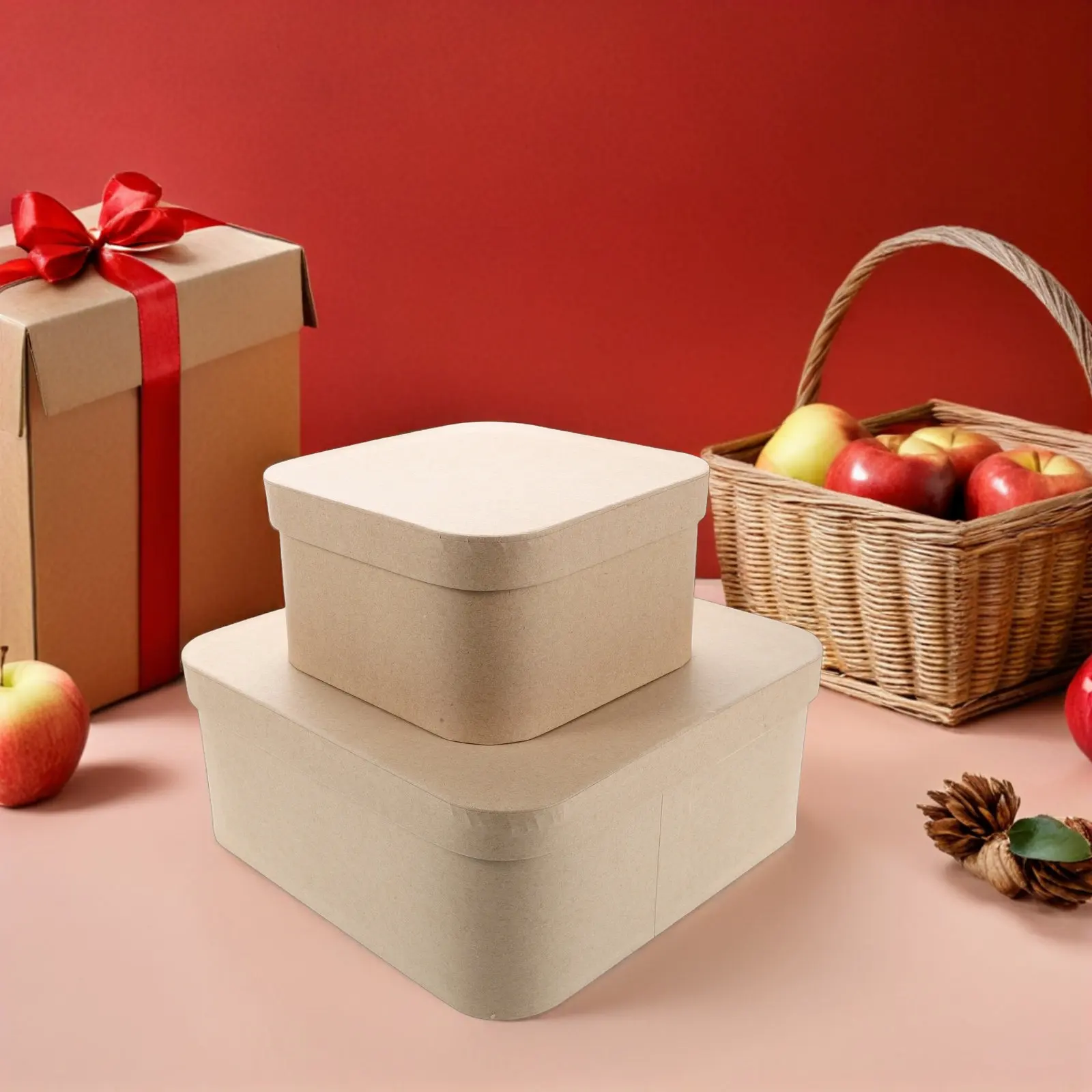 2Pcs Square Kraft Paper Present Boxes with Rounded Corners Brown Hard Recycled Cardboard Packaging for Wedding Birthday Party