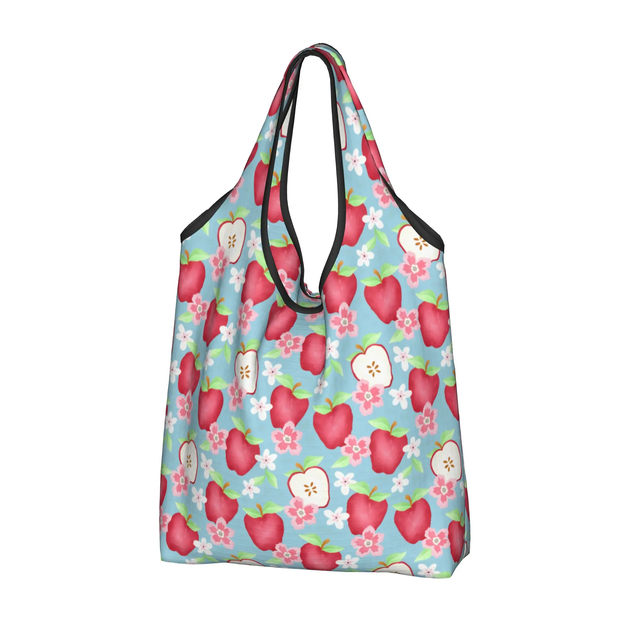 Custom Apple Flowers Watercolor Style  Shopping Bags Women Portable Big Capacity Groceries Seamless Pattern Shopper Tote Bags