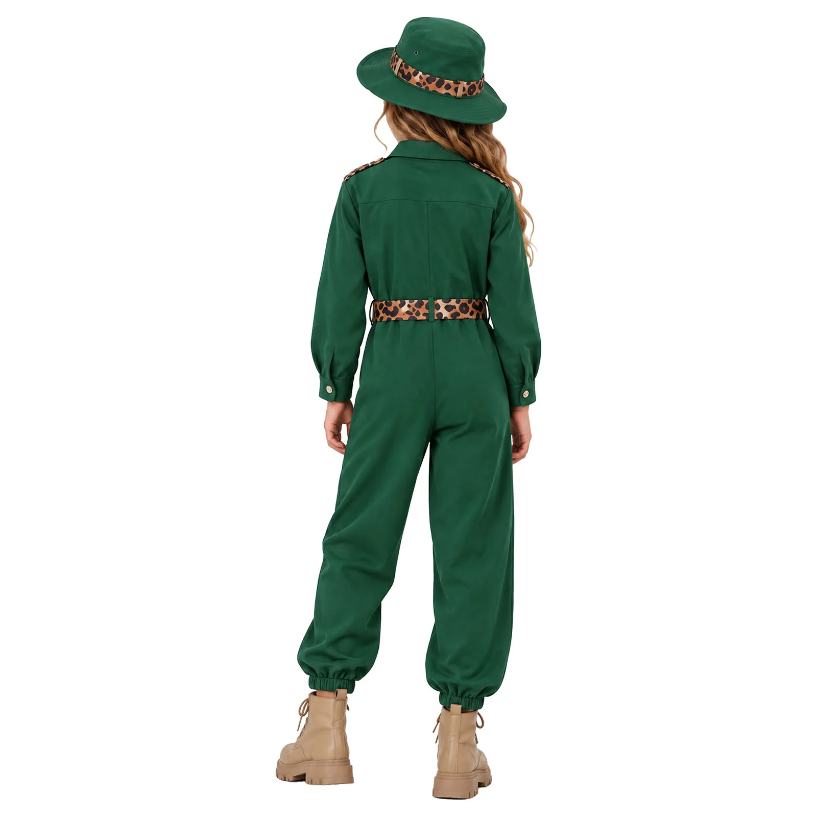 Kids Girls Jungle Explorer Zookeeper Costume Long Sleeve Button Cargo Jumpsuit with Leopard Print Belt Outdoor Zoo Keeper Outfit