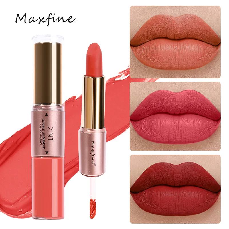 Maxfine 12 Color Double Head Matte Lipstick Moisturize Waterproof 2 in 1 Lip Makeup Large Capacity Fashion Liquid Lipstick 10.5g