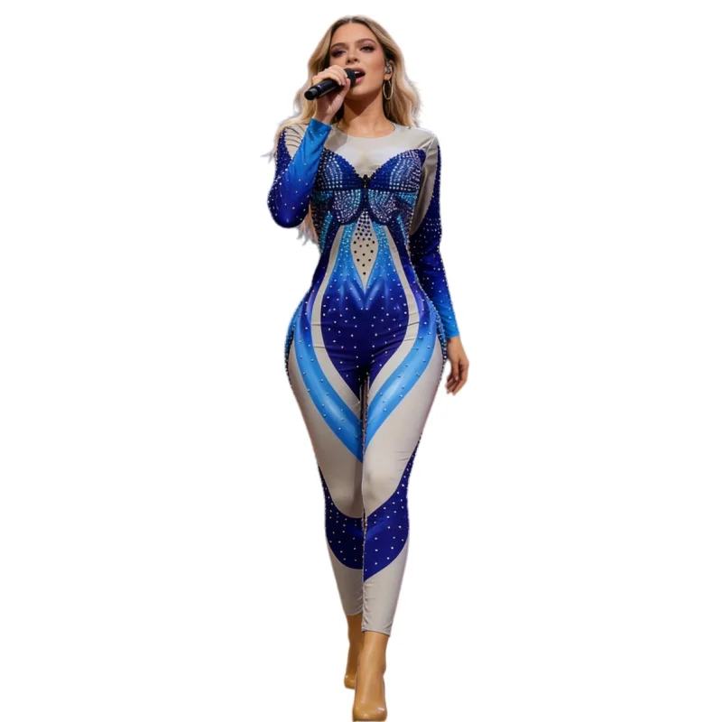 Sparkly Rhinestones Blue Butterfly Pattern Jumpsuit Halloween Party Costume Festival Activities Cosplay Leotard Show Stage Wear