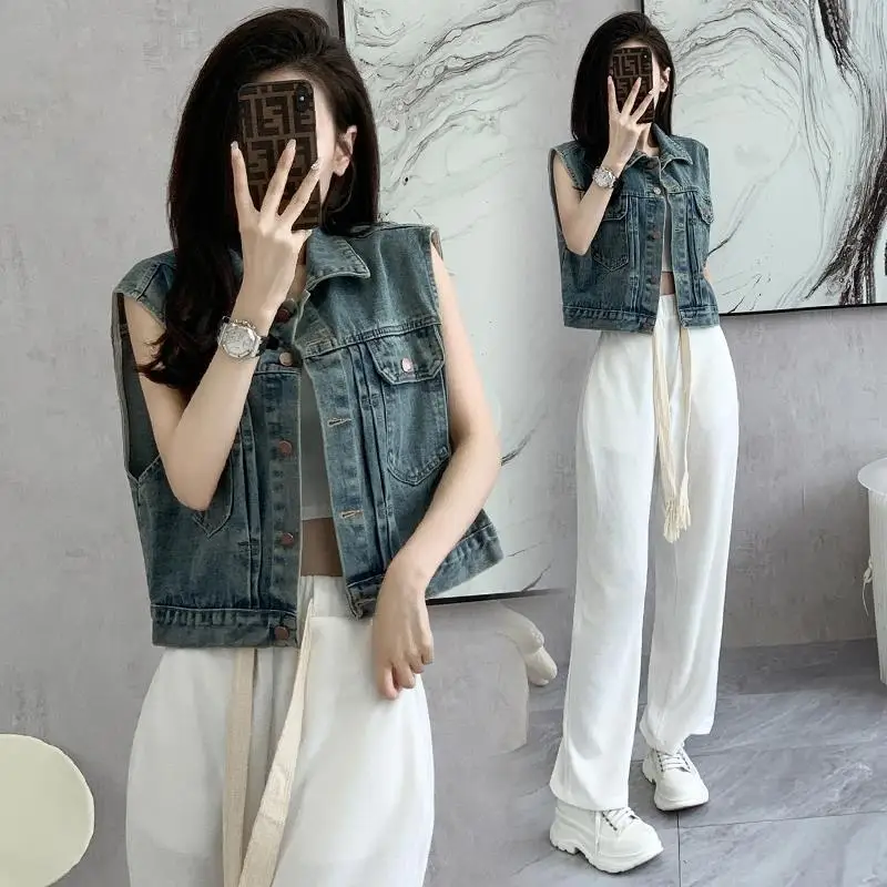 Retro Denim Jacket Women New Summer Fashionable Temperament Layered Sleeveless Camisole Vest Small Stature Short Top